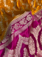 Banarasi Contrast Mashru Satin Silk Saree Floral Cross Pattern In Mustard & Rani Shades MSC16