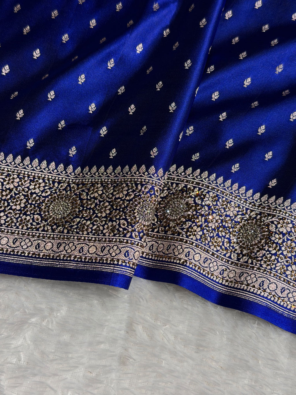 Banarasi Mashru Satin Silk Saree Booti Pattern With Swarovski Stone Work in Royal Blue Shades BMSK18