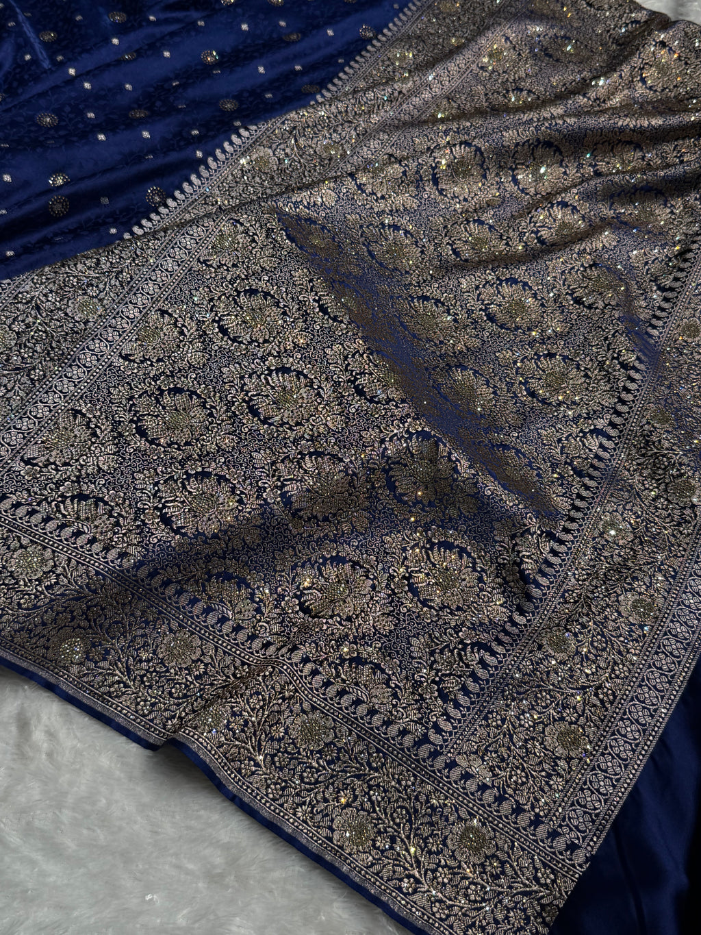 Banarasi Mashru Satin Silk Saree Tanchoi Pattern in Swarovski Work in Navy Blue Shades BMSC04