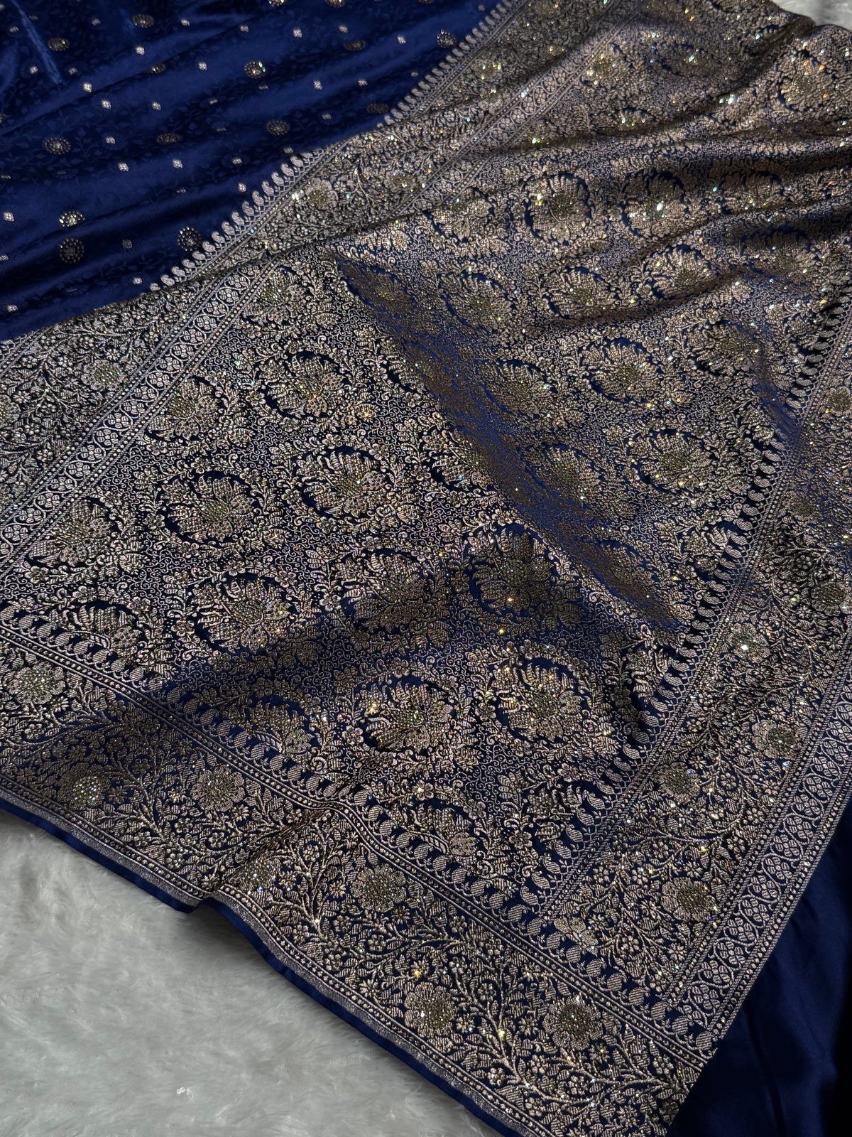 Banarasi Mashru Satin Silk Saree Tanchoi Pattern in Swarovski Work in Navy Blue Shades BMSC04