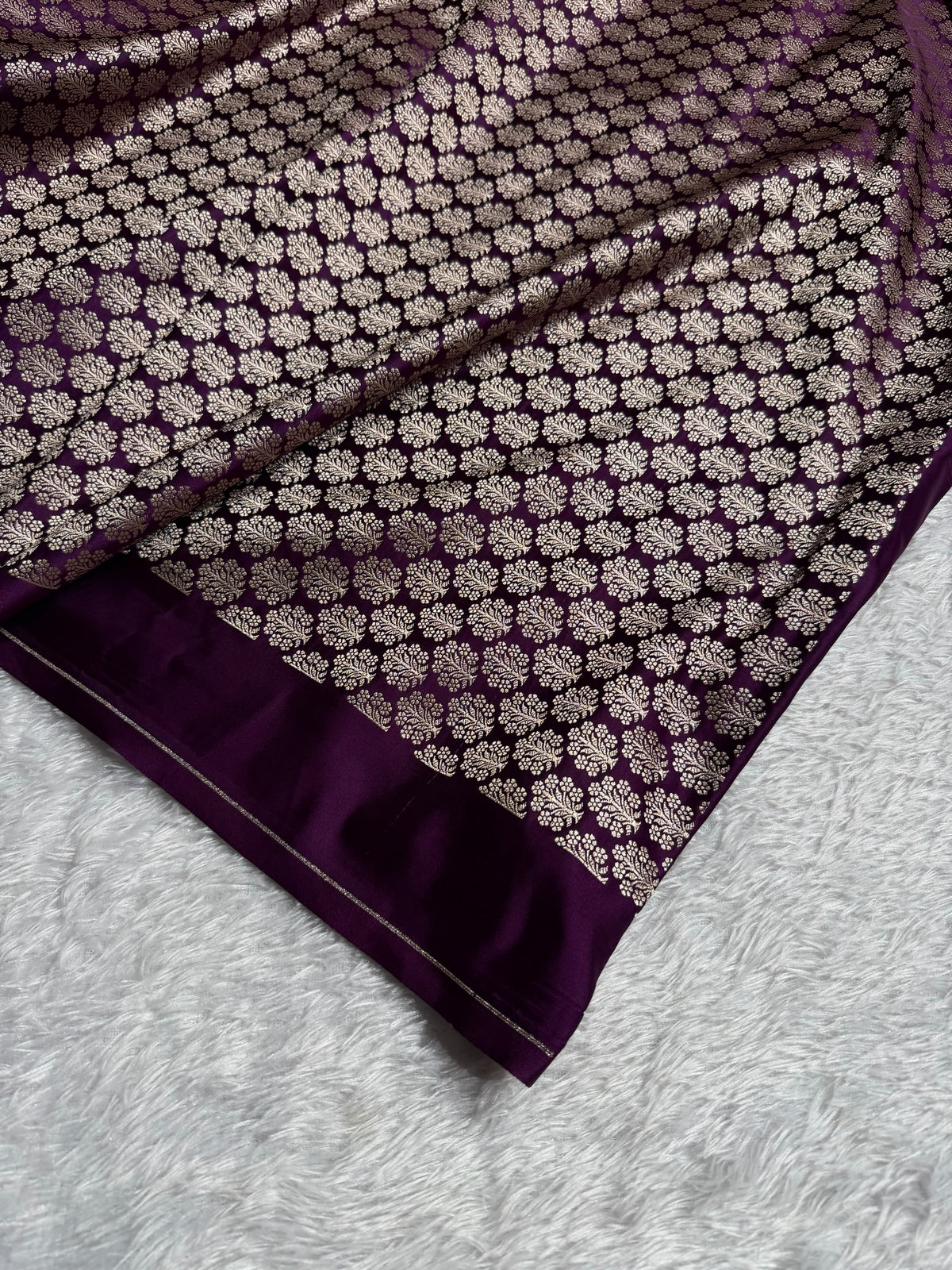 Banarasi Mashru Satin Silk Saree with Aari Zardozi Work Plain Pattern in Deep Magenta Shades BMSK37