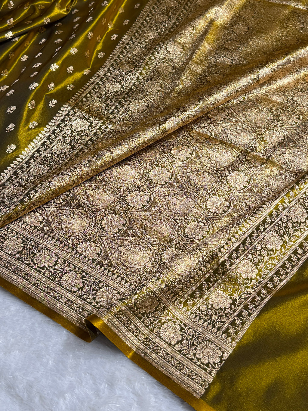 Banarasi Satin Silk Saree Cross Pattern in Mahndi Gold Shades SS02