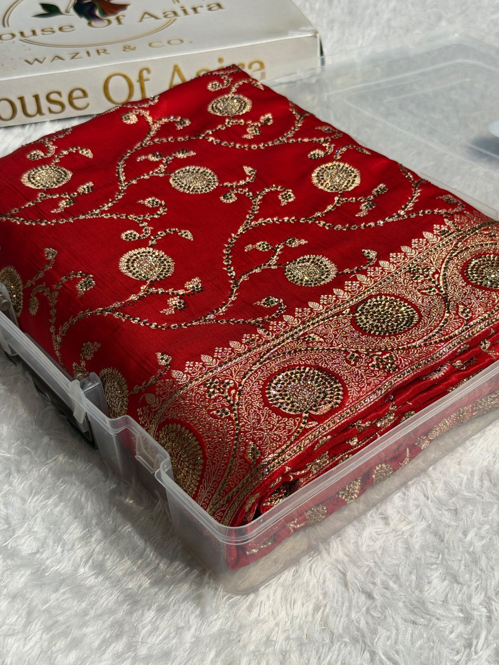 Banarasi Satin Silk Saree with Swarovski Stone work Jaal Pattern in Red Shades BSS16