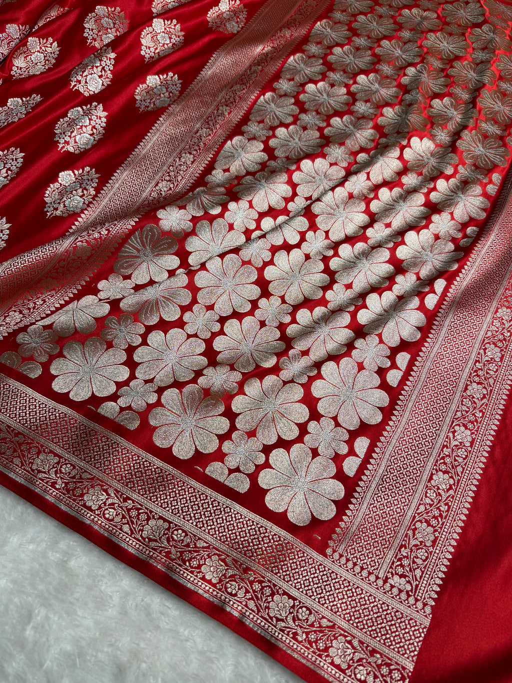 Banarasi Mashru Satin Silk Saree Minakari Boota Pattern In Red Shades MSK37
