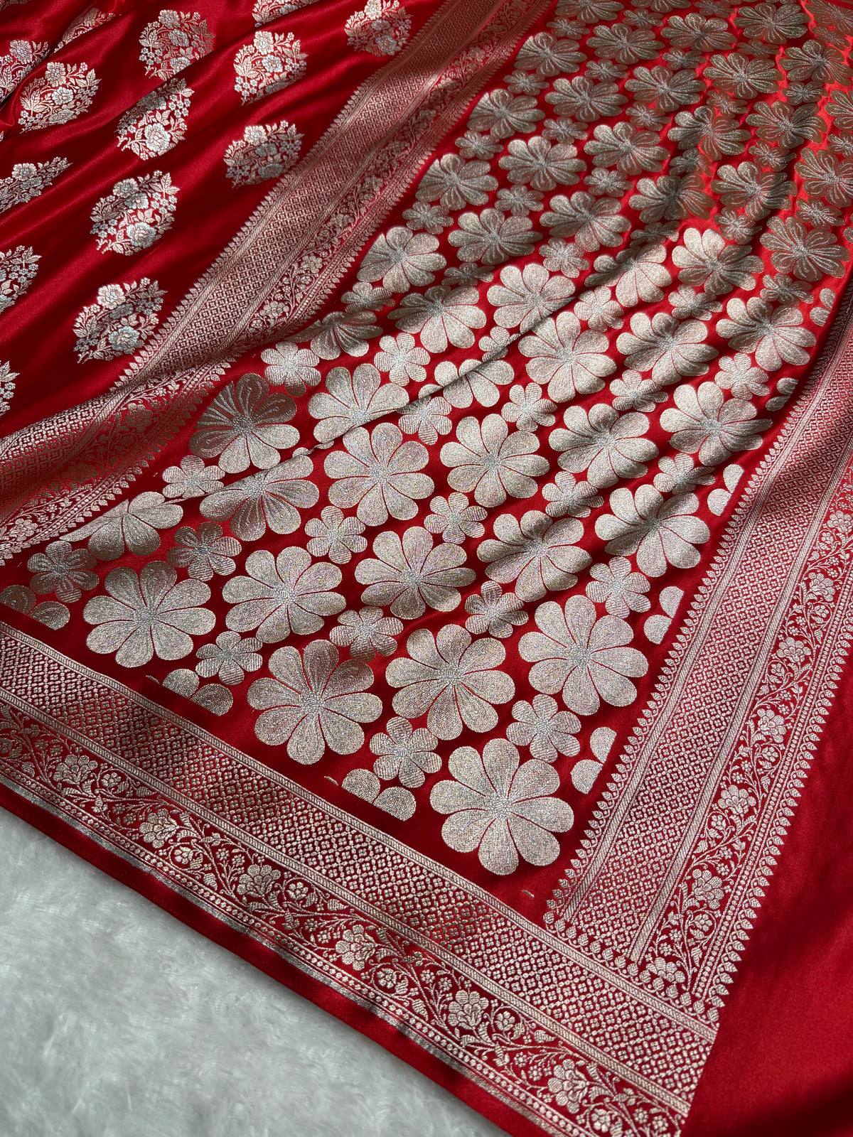 Banarasi Mashru Satin Silk Saree Minakari Boota Pattern In Red Shades MSK37
