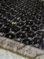 Banarasi Mashru Satin Silk Saree with Ghungroo & Mirror work Minakari Floral Jaal Pattern In Black With Grey Shades BMSC14