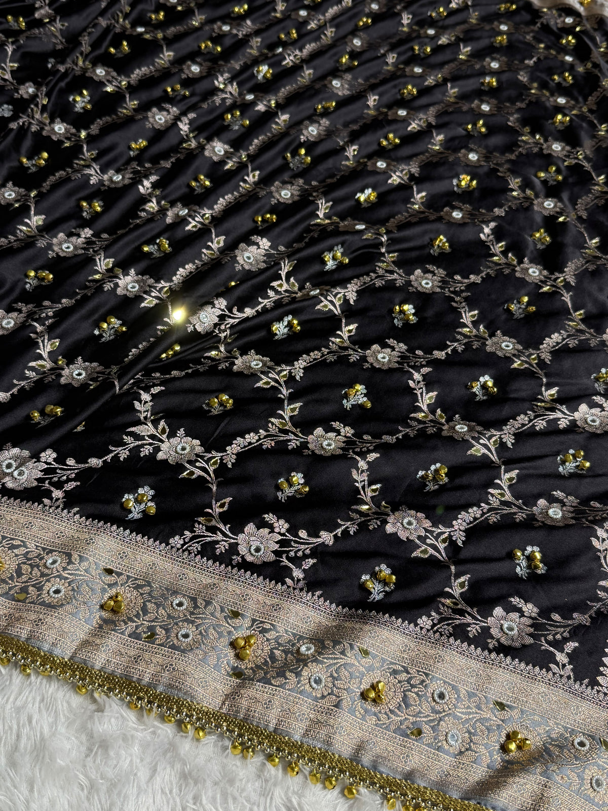 Banarasi Mashru Satin Silk Saree with Ghungroo & Mirror work Minakari Floral Jaal Pattern In Black With Grey Shades BMSC14