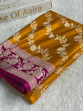 Banarasi Contrast Mashru Satin Silk Saree Floral Cross Pattern In Mustard & Rani Shades MSC16