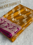 Banarasi Contrast Mashru Satin Silk Saree Floral Cross Pattern In Mustard & Rani Shades MSC16