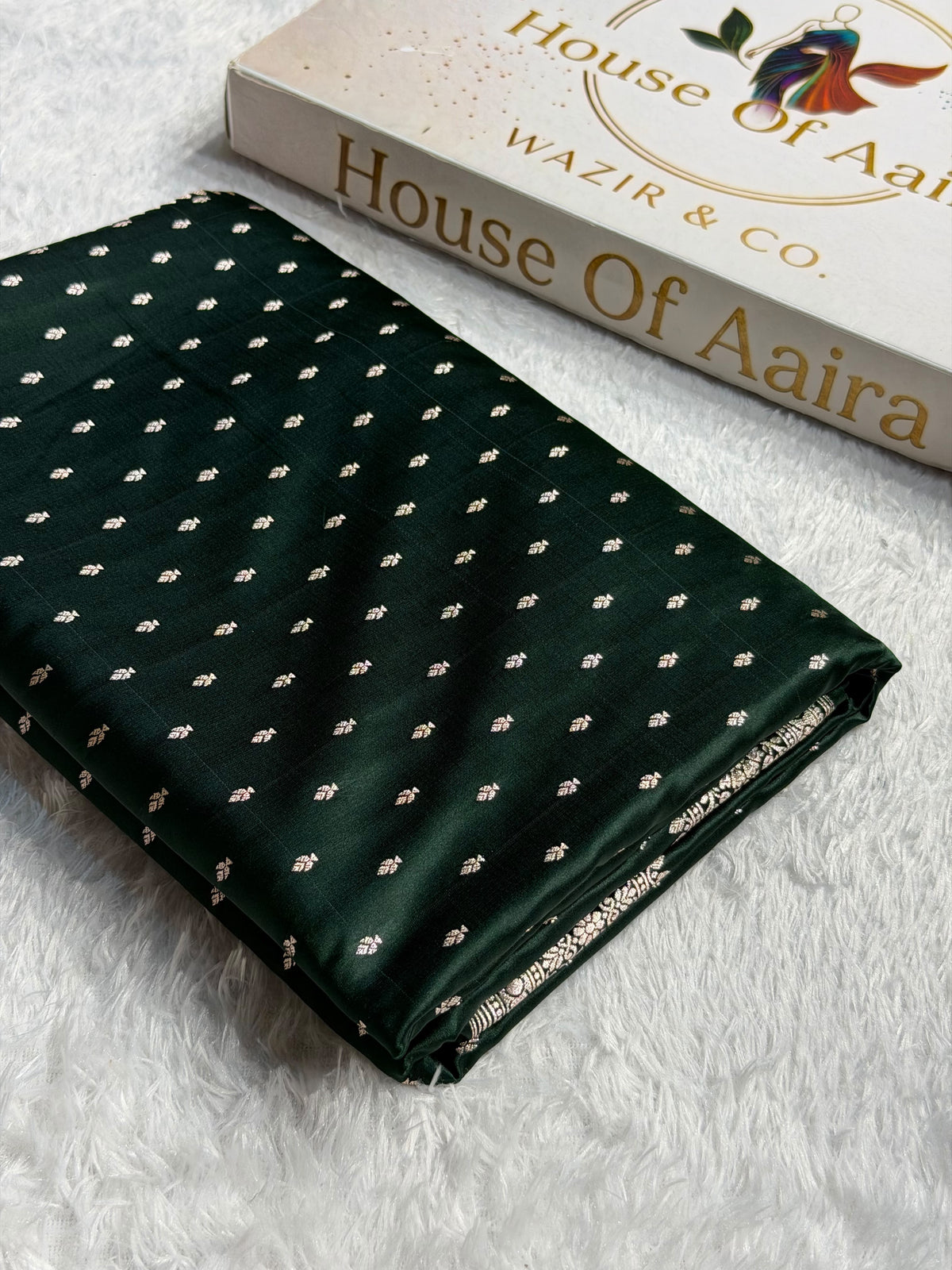 Banarasi Mashru Satin Silk Saree Booti Pattern Dark Bottle Green Shades MSK18
