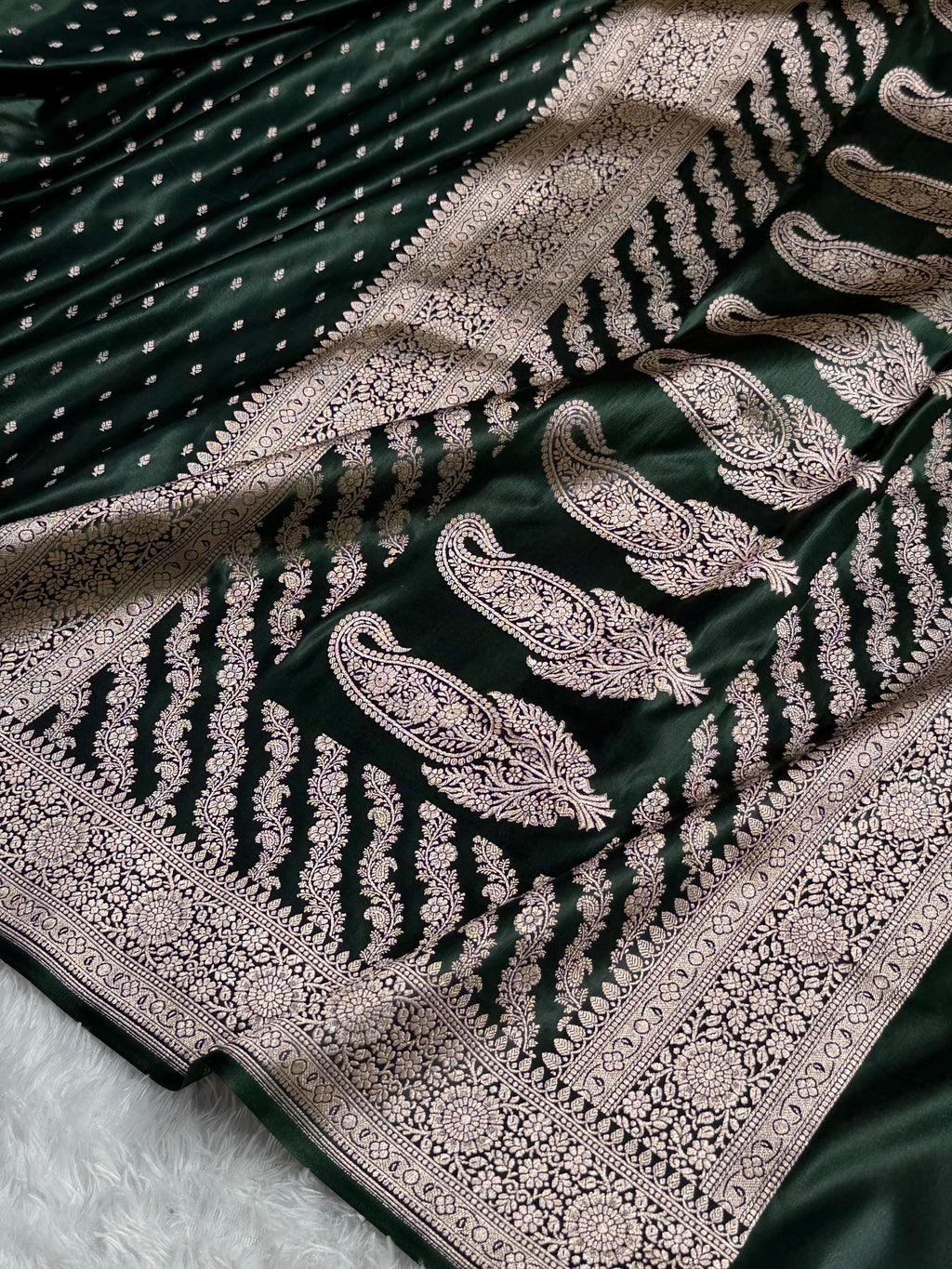 Banarasi Mashru Satin Silk Saree Booti Pattern Dark Bottle Green Shades MSK18