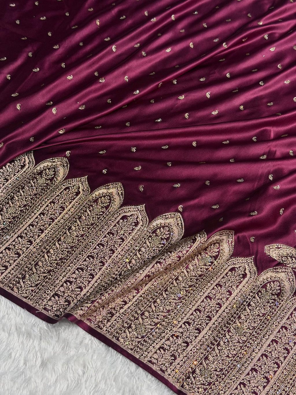 Bridal Banarasi Mashru Satin Silk Saree Skirt Pattern with Swarovski Work in Wine Shades BMSC02