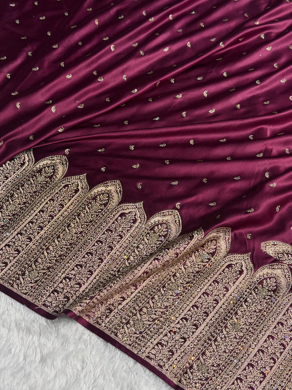 Bridal Banarasi Mashru Satin Silk Saree Skirt Pattern with Swarovski Work in Wine Shades BMSC02