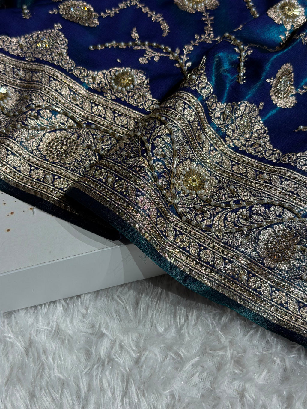 Banarasi Satin Silk Saree With Pearl Aari Work Jaal Pattern in Peacock Shades BSS12