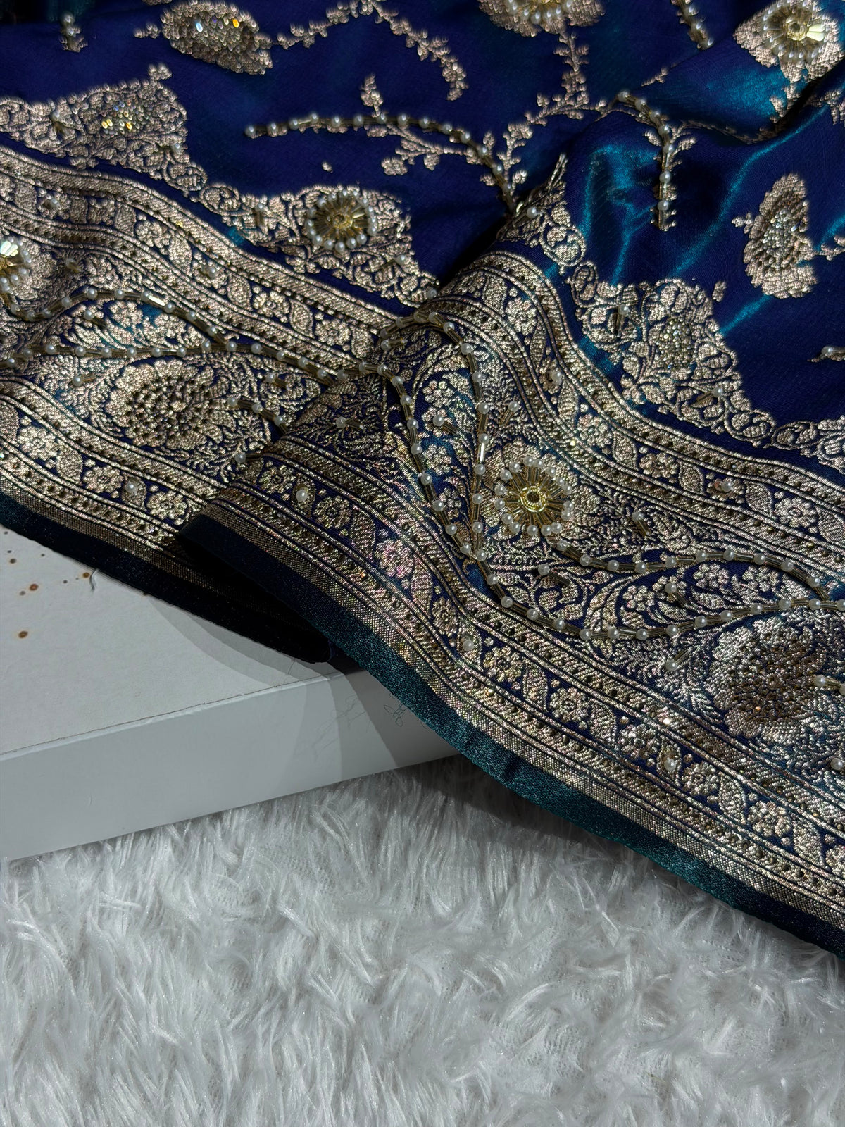Banarasi Satin Silk Saree With Pearl Aari Work Jaal Pattern in Peacock Shades BSS12