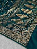 Banarasi Satin Katan Silk Saree Striped Pattern in Peacock Shades SK06