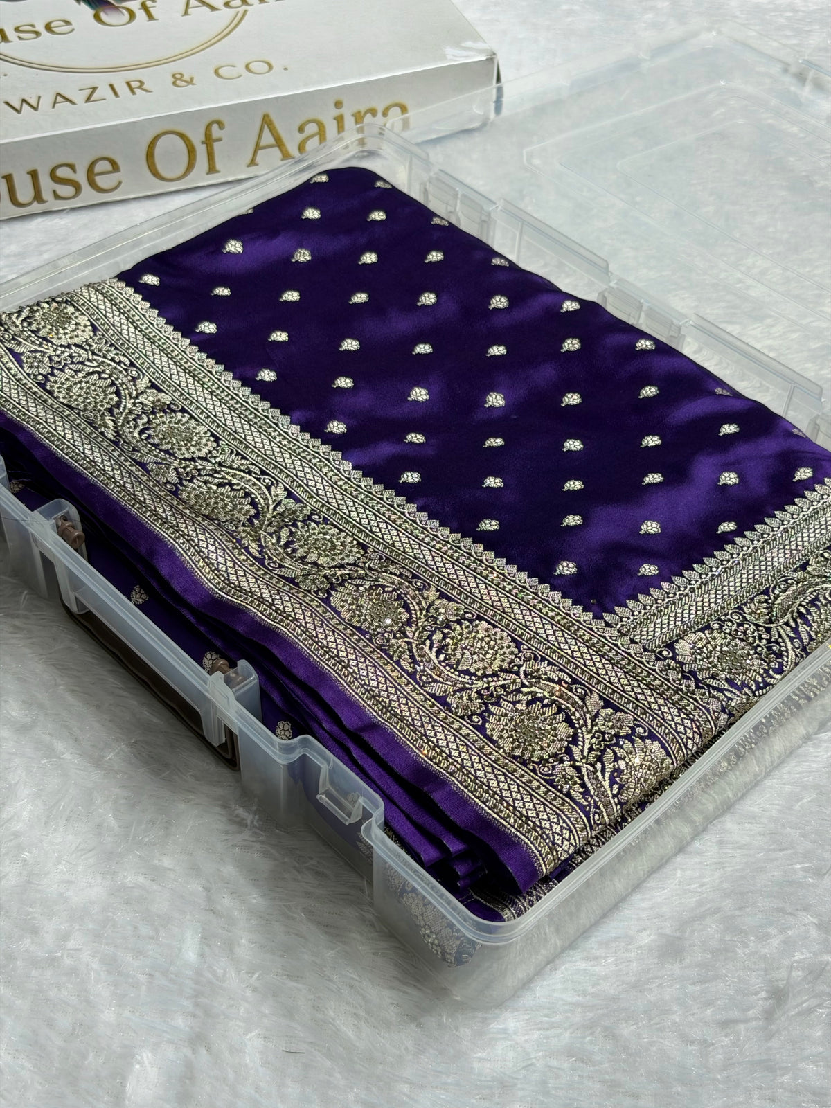 Bridal Banarasi Mashru Satin Silk Saree Booti Pattern with Swarovski Work In Purple Shades BMSC06