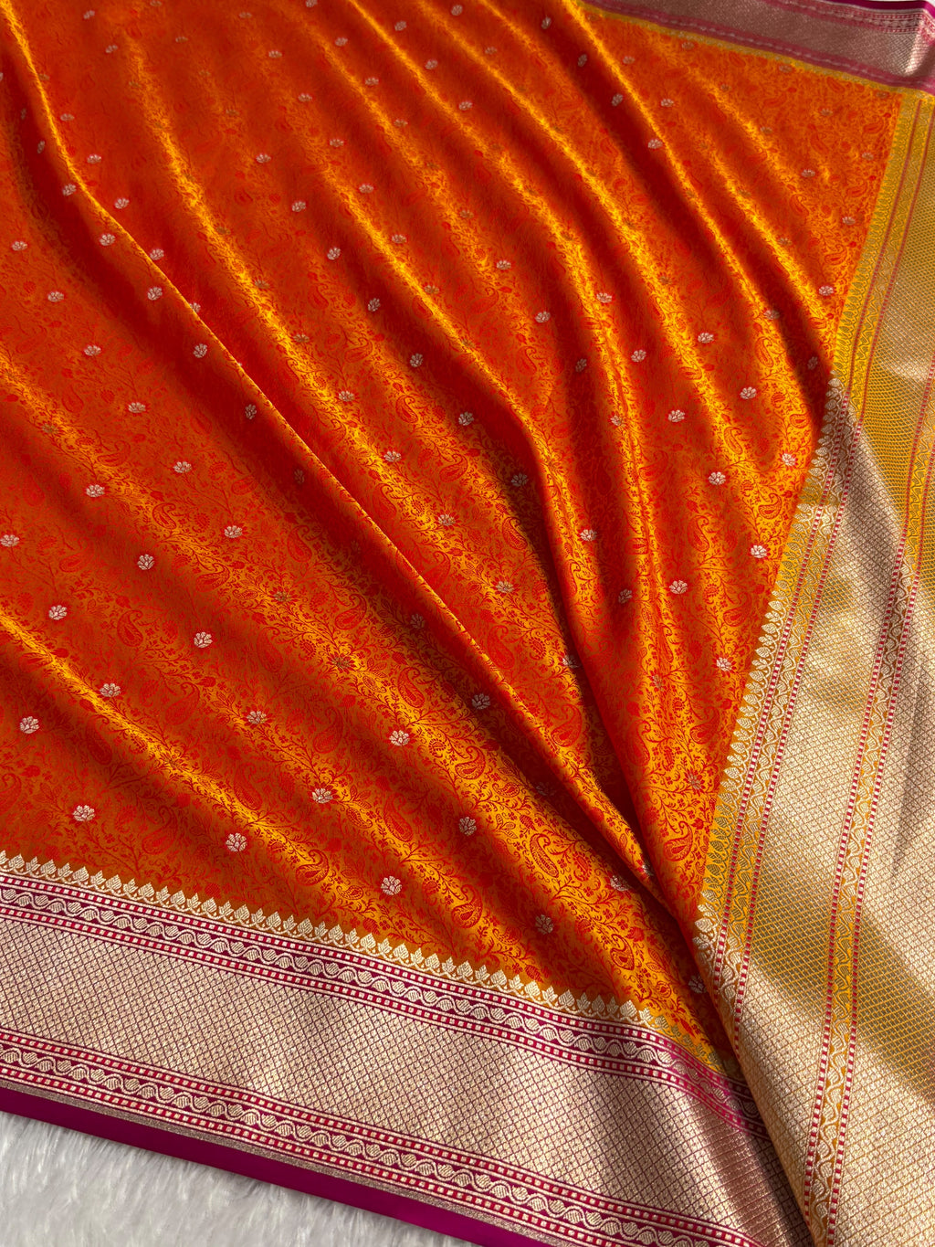 Banarasi Mashru Satin Silk Saree Tanchoi Pattern Contrast Orange with Rani Shades MSK25