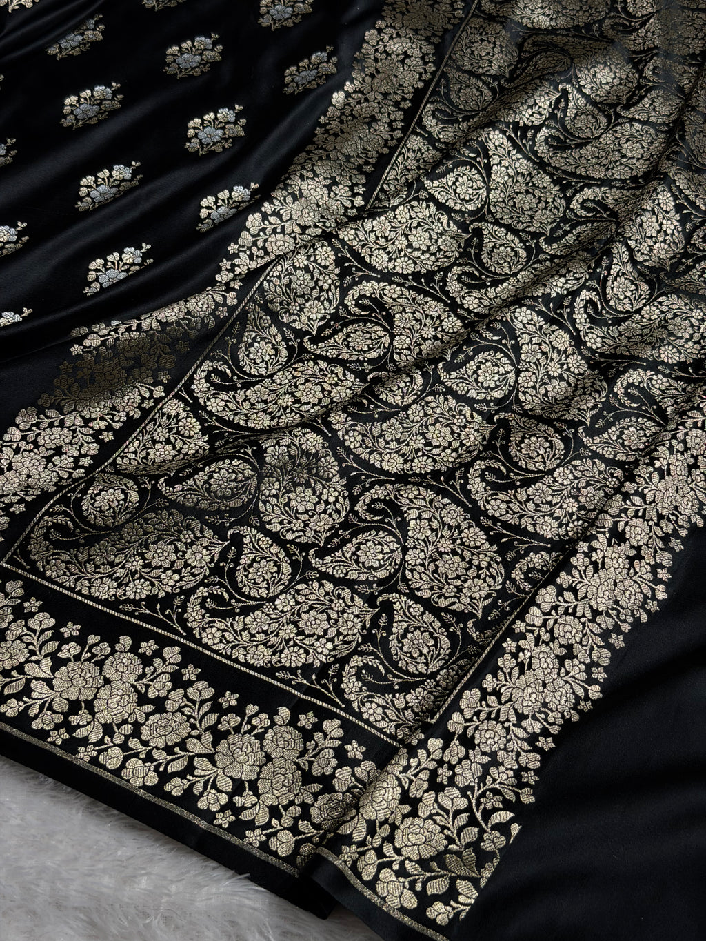 Banarasi Mashru Satin Silk Saree Minakari Boota Pattern In Black Shades MSK38