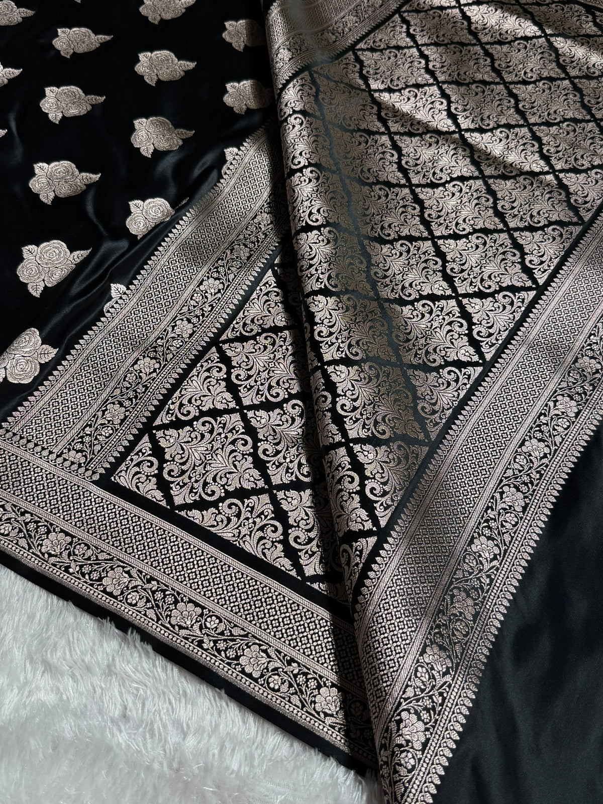 Banarasi Mashru Satin Silk Saree Boota Pattern Black Shades MSK15