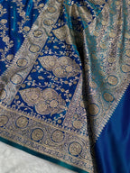 Bridal Satin Silk Saree With Swarovski Stone Work Cross Pattern Peacock Shades BSS01