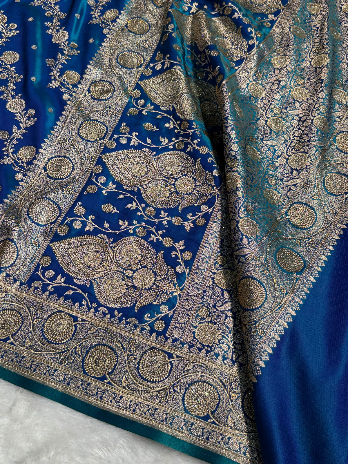 Bridal Satin Silk Saree With Swarovski Stone Work Cross Pattern Peacock Shades BSS01