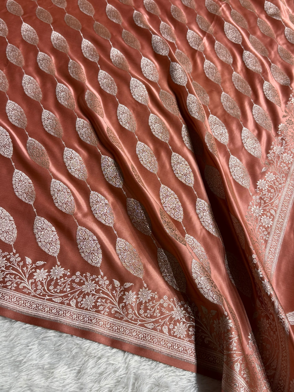 Banarasi Mashru Satin Silk Saree Cross Pattern Peach Shades MSK22