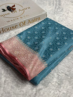 Banarasi Mashru Satin Silk Saree Tanchoi  Pattern Contrast Firozi & Peach Shades MSC04
