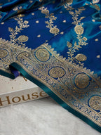 Bridal Satin Silk Saree With Swarovski Stone Work Cross Pattern Peacock Shades BSS01
