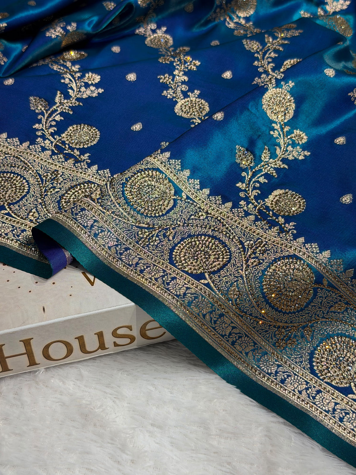 Bridal Satin Silk Saree With Swarovski Stone Work Cross Pattern Peacock Shades BSS01
