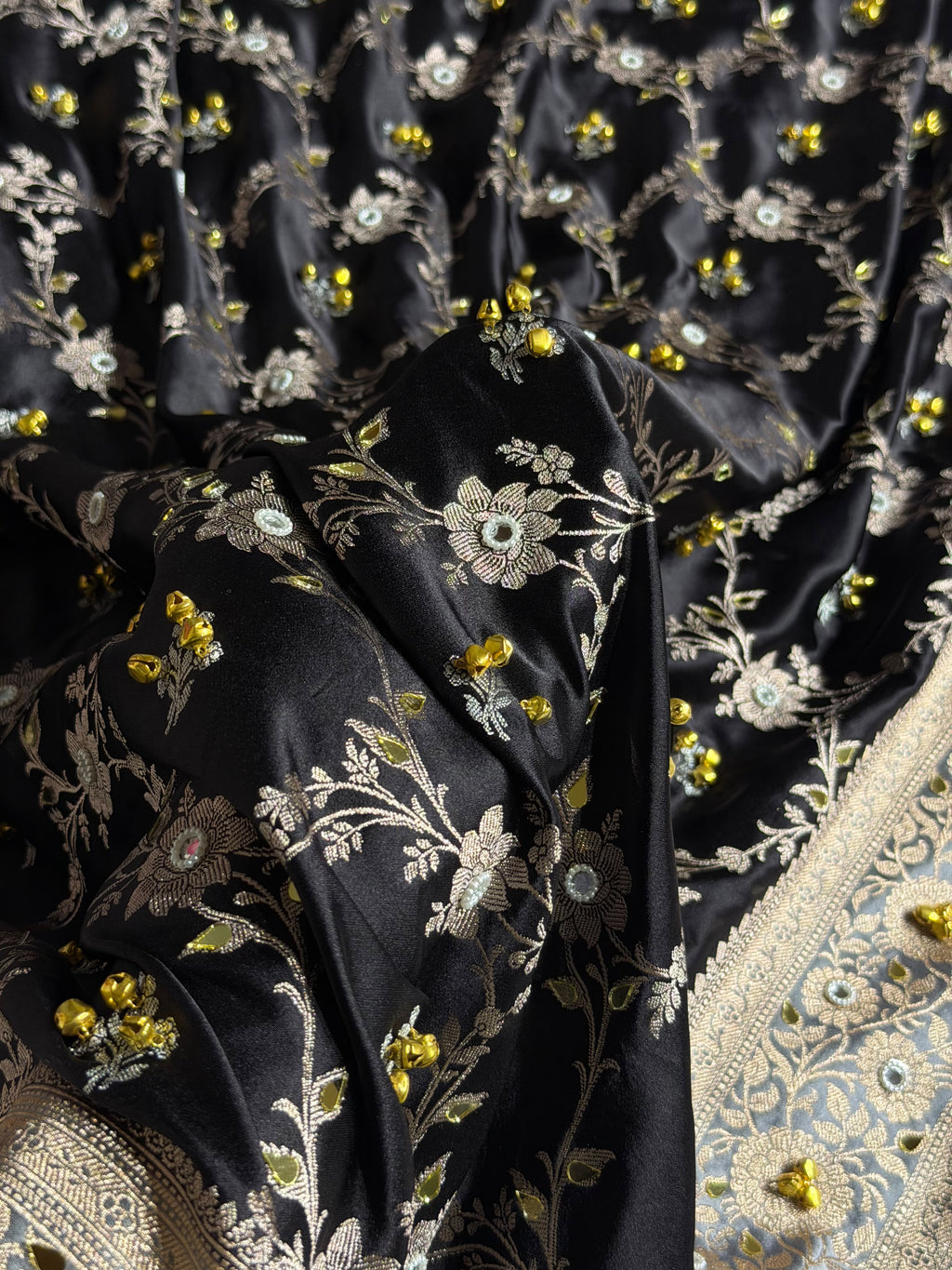 Banarasi Mashru Satin Silk Saree with Ghungroo & Mirror work Minakari Floral Jaal Pattern In Black With Grey Shades BMSC14