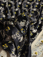 Banarasi Mashru Satin Silk Saree with Ghungroo & Mirror work Minakari Floral Jaal Pattern In Black With Grey Shades BMSC14