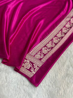 Banarasi Contrast Mashru Satin Silk Saree Floral Cross Pattern In Mustard & Rani Shades MSC16
