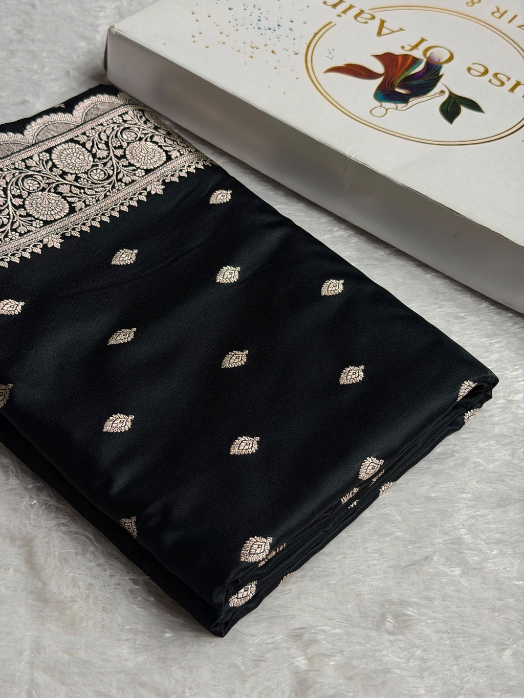 Banarasi Satin Katan Silk Saree Booti Pattern in Black Shades SK03