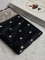 Banarasi Satin Katan Silk Saree Booti Pattern in Black Shades SK03