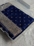 Banarasi Mashru Satin Silk Saree Tanchoi Pattern in Swarovski Work in Navy Blue Shades BMSC04