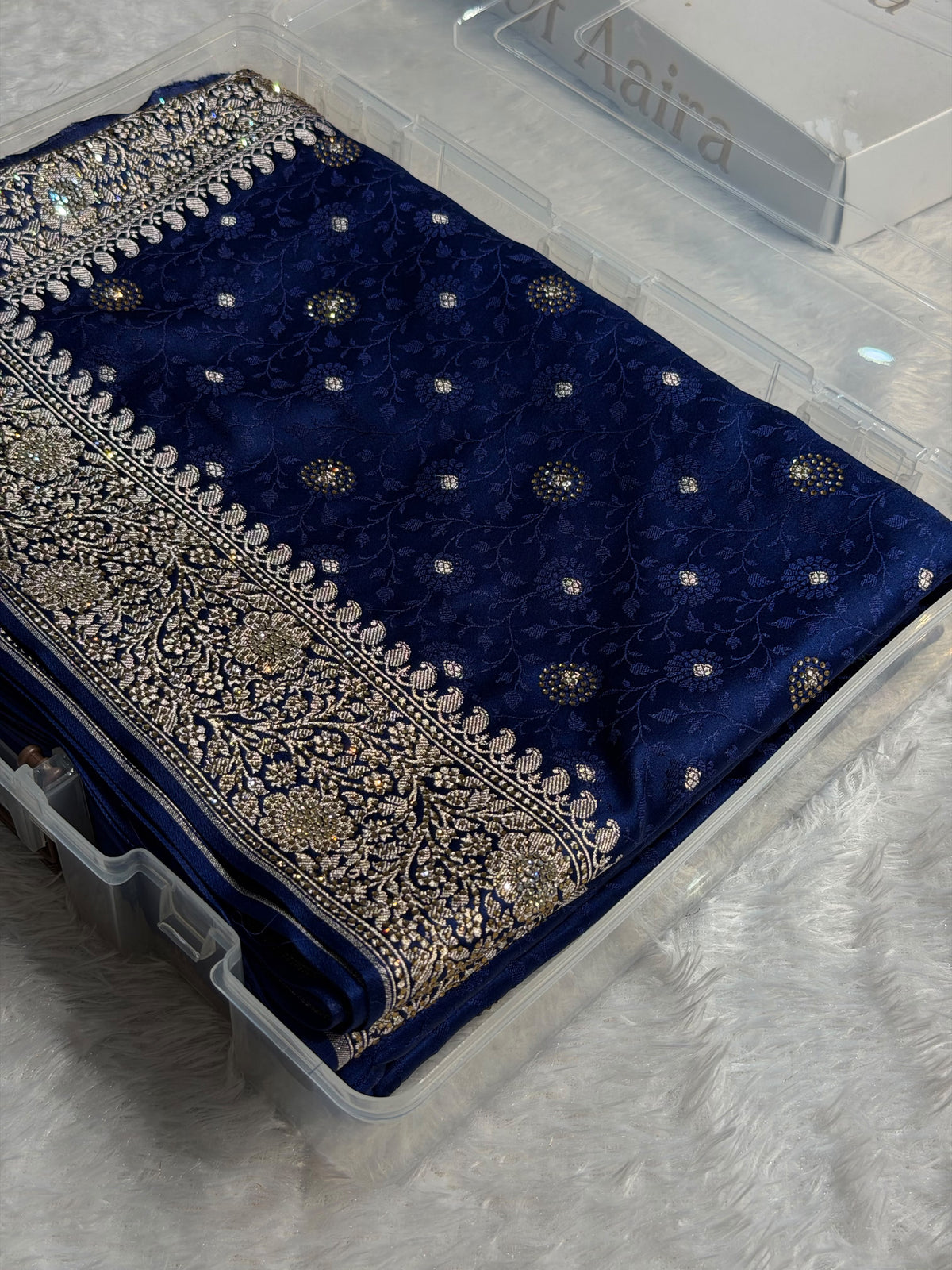 Banarasi Mashru Satin Silk Saree Tanchoi Pattern in Swarovski Work in Navy Blue Shades BMSC04