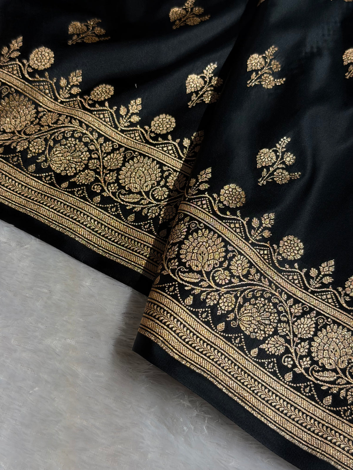 Banarasi Satin Katan Silk Saree Boota Pattern in Black Shades SK04