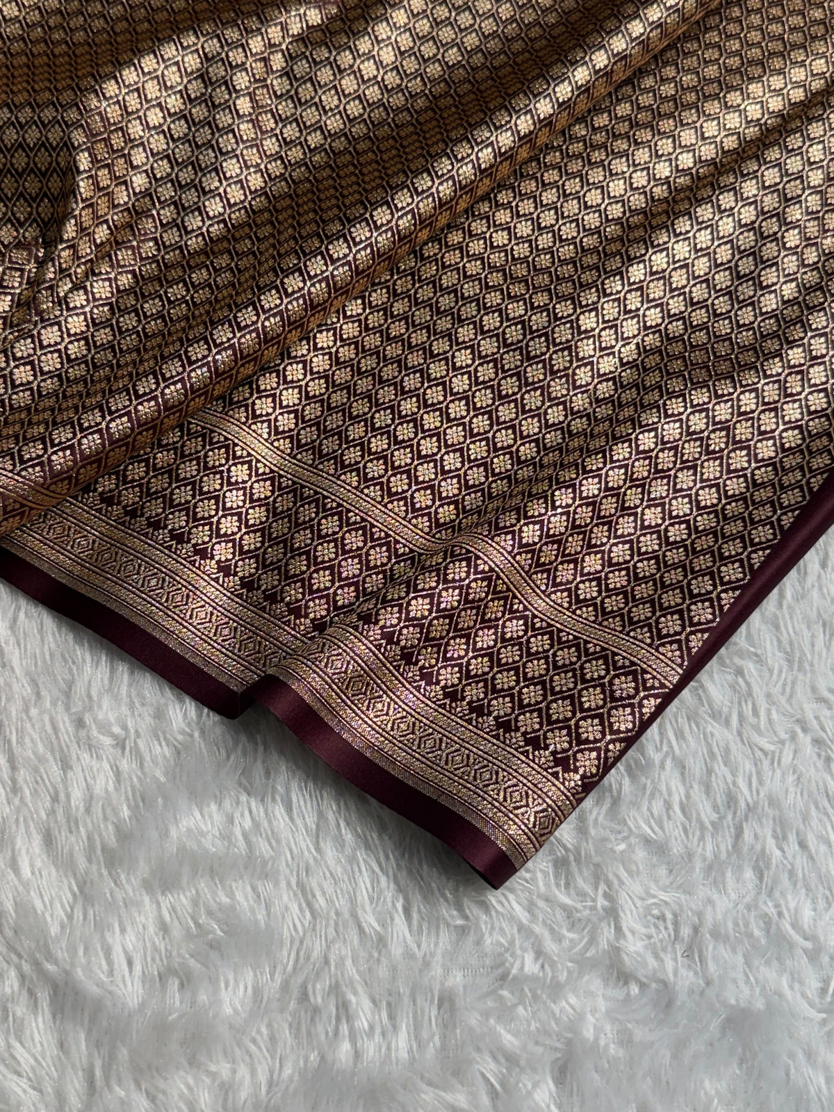 Banarasi Satin Katan Silk Saree Striped Pattern in Garnet Shades SK06
