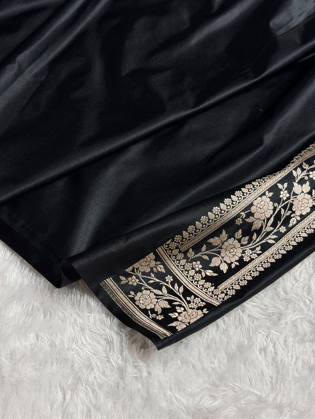 Banarasi Mashru Satin Silk Saree Cross Pattern Black Shades MSK12