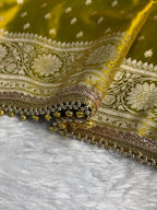 Banarasi Mashru Satin Silk Saree Booti Pattern with Ghungroo Gotta Patti Work Mahndi Gold Shades MSKGP25