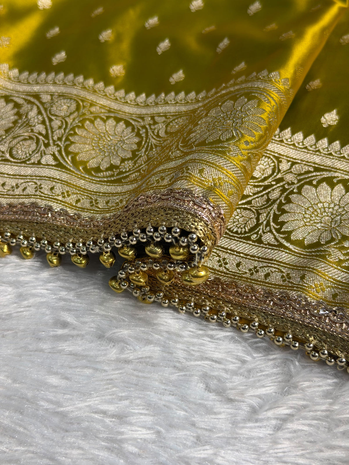 Banarasi Mashru Satin Silk Saree Booti Pattern with Ghungroo Gotta Patti Work Mahndi Gold Shades MSKGP25