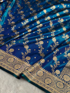 Banarasi Satin Silk Saree Cross Pattern in Peacock Shades SS01