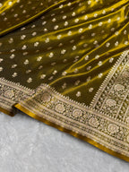Banarasi Satin Silk Saree Cross Pattern in Mahndi Gold Shades SS02