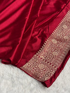 Banarasi Mashru Satin Silk Saree Tanchoi  Pattern Contrast Ivory & Maroon Shades MSC04