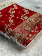 Bridal Satin Silk Saree With Zardozi Pearl Work Cross Pattern Red Shades BSS01