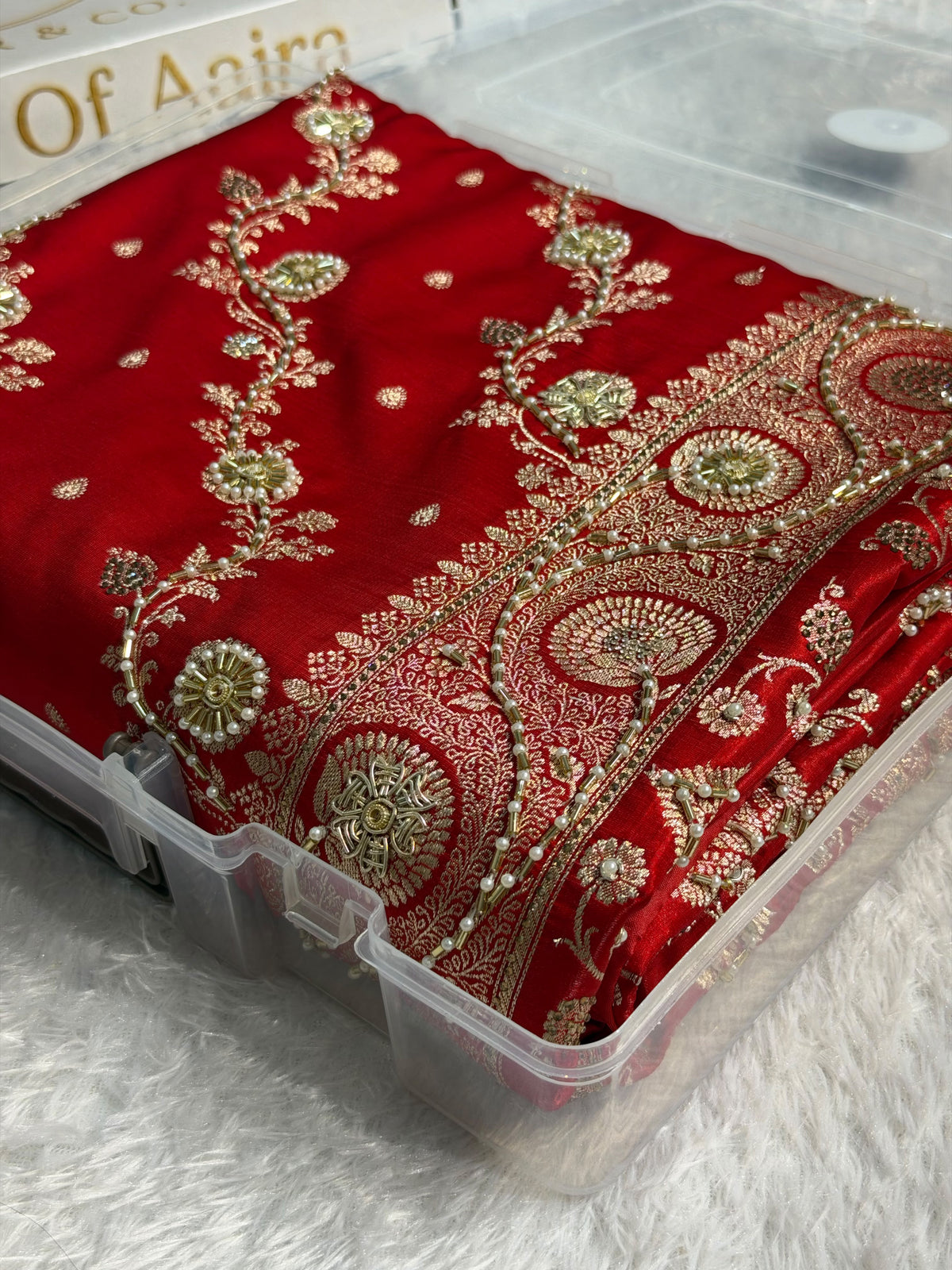 Bridal Satin Silk Saree With Zardozi Pearl Work Cross Pattern Red Shades BSS01
