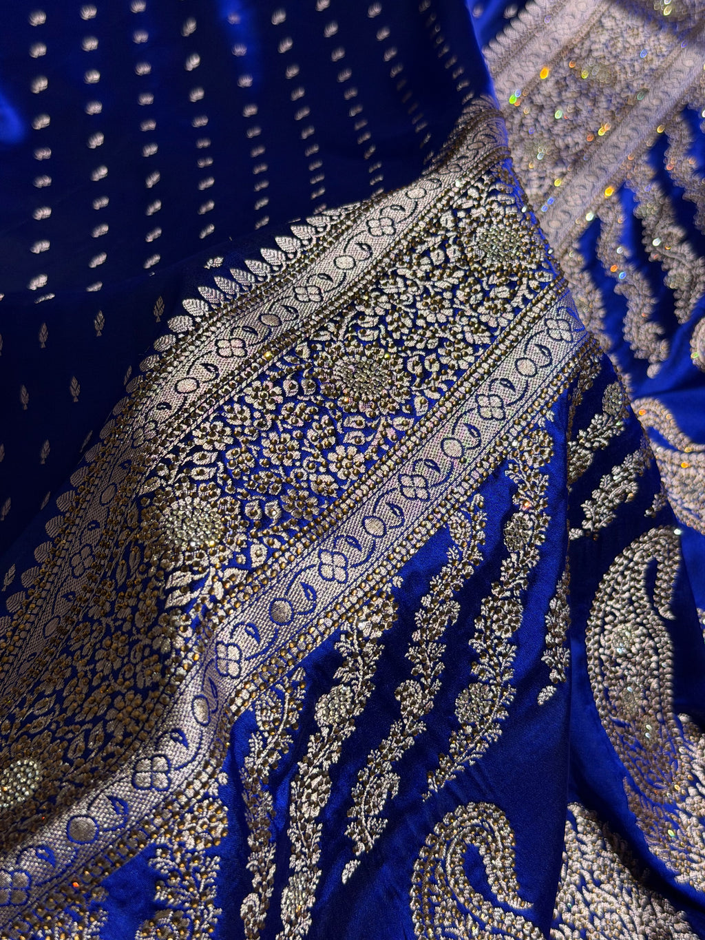 Banarasi Mashru Satin Silk Saree Booti Pattern With Swarovski Stone Work in Royal Blue Shades BMSK18