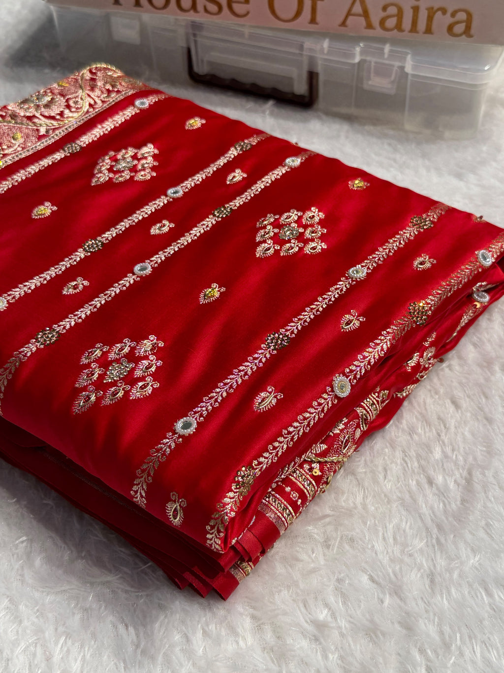 Banarasi Satin Katan Silk Saree with Ari Zardozi Handwork Striped Pattern in Red Shades BSK06