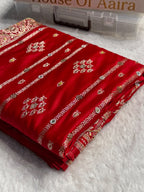 Banarasi Satin Katan Silk Saree with Ari Zardozi Handwork Striped Pattern in Red Shades BSK06